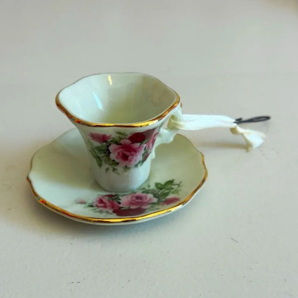 Vintage Floral Painted Tea Cup Saucer Ornament Gold Trim Cottagecore Christmas